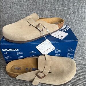 Birkenstock Tan Suede Soft Footbed Clogs